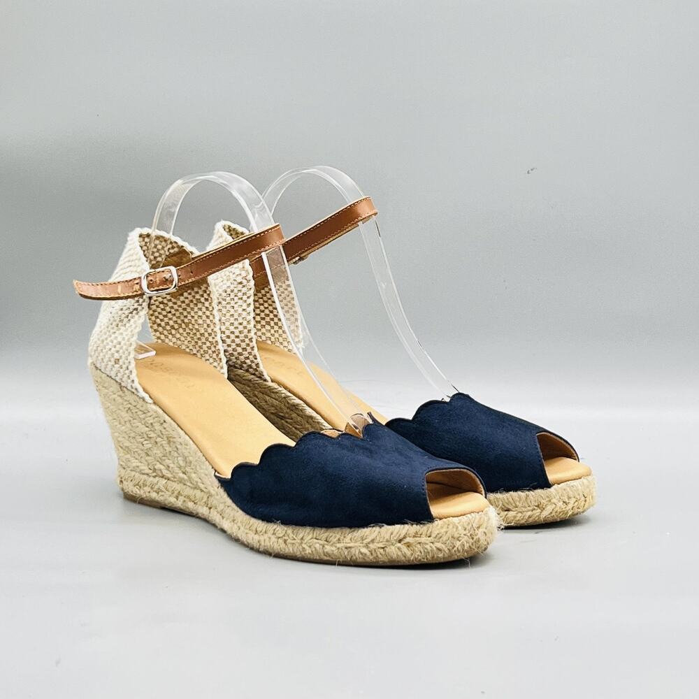 Paseart Sandals Womens 10 Blue Suede Espadrille Wedge Ankle Strap Scalloped